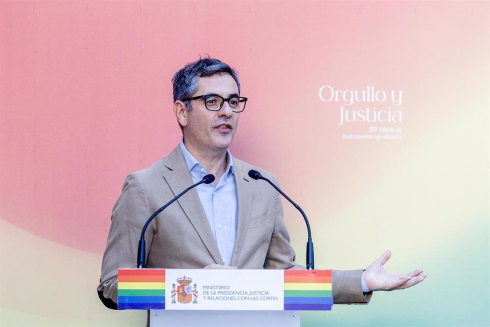 El ministro de la Presidencia, Justicia y Relaciones con las Cortes, Félix Bolaños, durante el acto 'Orgullo y Justicia' en el Palacio de Parcent, a 27 de junio de 2025, en Madrid (España).