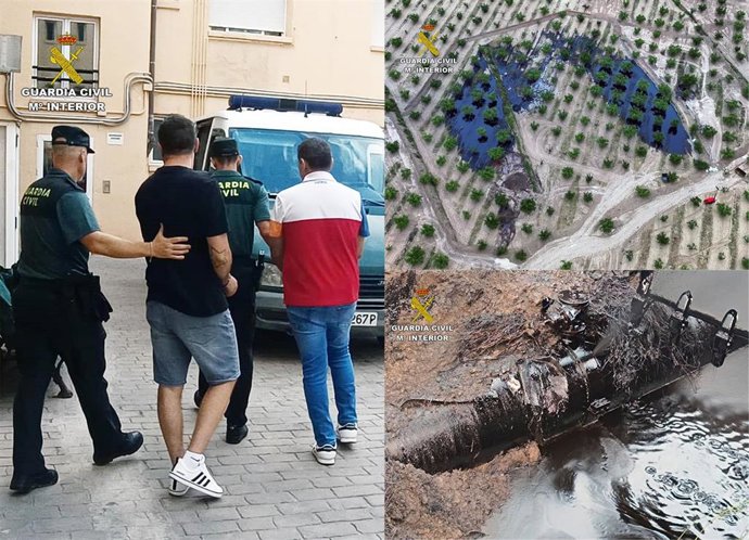 Imagen de los tres detenidos y de los daños ocasionados por el vertido