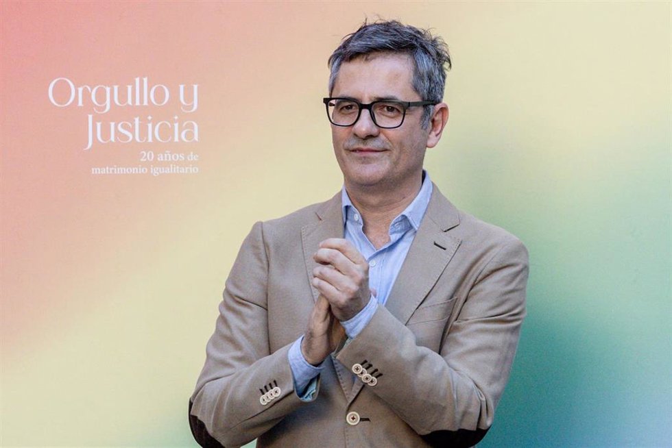 El ministro de la Presidencia, Justicia y Relaciones con las Cortes, Félix Bolaños, interviene durante el acto Orgullo y justicia organizado por el Ministerio de Presidencia.