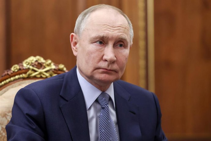 RUSSIA, MOSCOW - JULY 9, 2025: Russia's President Vladimir Putin during a meeting with RusHydro head Viktor Khmarin at the Moscow Kremlin,Image: 1020025112, License: Rights-managed, Restrictions: * Switzerland And Russia Rights Out *, Model Release: no, C