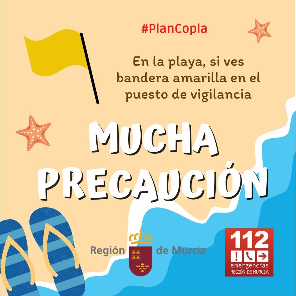 Cartel que pide precaución en el baño cuando ondea la bandera amarilla