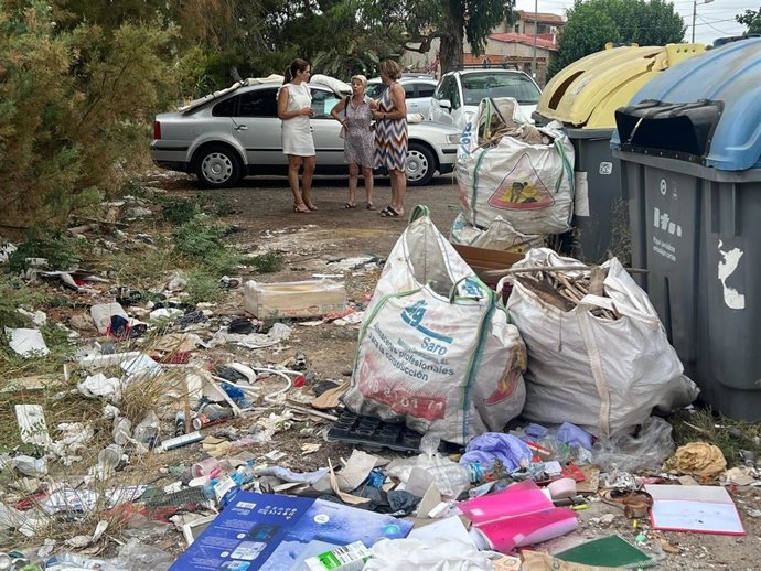 Imagen facilitada por el PSOE sobre el "abandono generalizado en los entornos de contenedores, acumulación de basura y suciedad en varias pedanías y barrios"