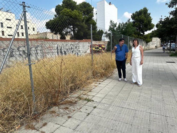 La portavoz del grupo municipal del PSOE en el Ayuntamiento de Zaragoza, Lola Ranera, y el concejal socialista, Horacio Royo, delante de un solar público donde proponen construir vivienda