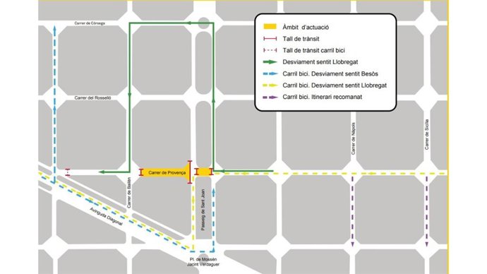 Las afectaciones de las obras del Metro en el paseo Sant Joan y la calle Provença