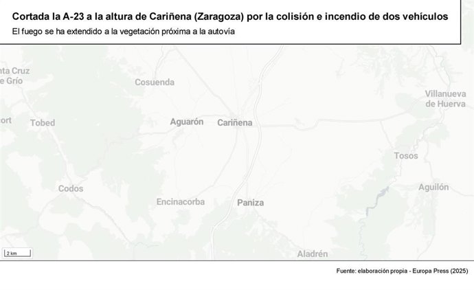 La colisión entre varios vehículos e incendio posterior obliga a cortar la A-23, en Cariñena