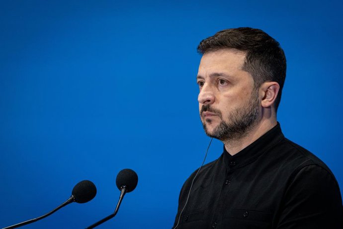 July 10, 2025, Rome, Italy: Ukrainian President Volodymyr Zelensky addresses a press conference at Ukraine Recovery Conference 2025 (URC2025) at the Roma Convention Centre 'La Nuvolaâ
