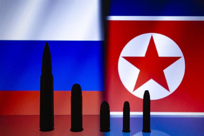 Archivo - November 1, 2024, Asuncion, Paraguay: Russia and North Korea cropped flags displayed behind a variety of cartridges.