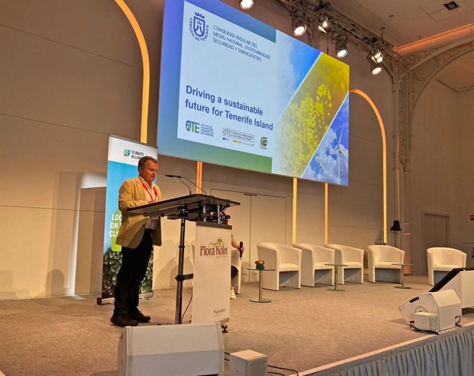 El director insular de Medio Natural del Cabildo de Tenerife, Pedro Millán, en su intervención en la Conferencia Internacional de la Alianza por el Clima