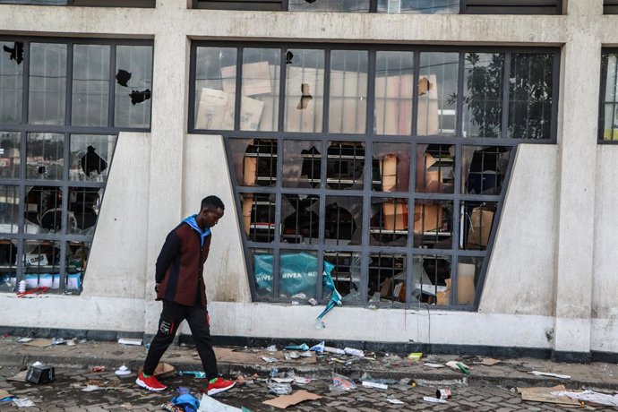 July 8, 2025, Nakuru, Kenya: A man walks outside a store after looters hijacked the peaceful Saba Saba demonstrations and overwhelmed law enforcement in Nakuru. Extensive looting and destruction happened yesterday after criminals took over peaceful saba s