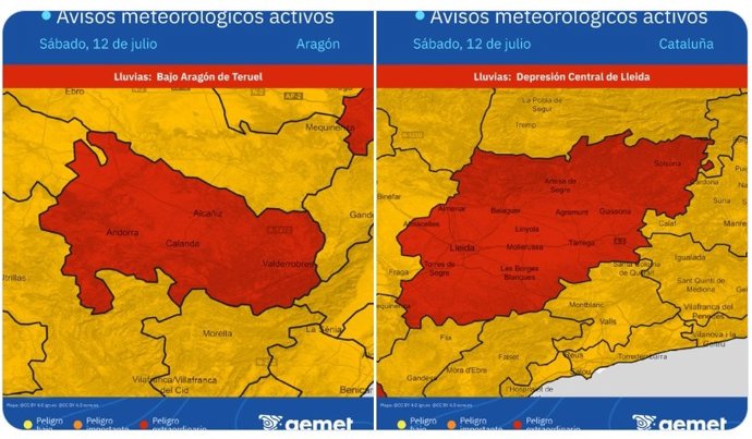 La AEMET activa el aviso rojo por lluvias torrenciales en Bajo Aragón de Teruel y Depresión Central de Lleida.