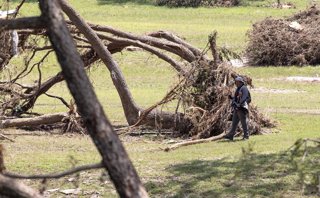HOUSTON, July 12, 2025  -- A person patrols among mangled trees in Hunt, Texas, the United States, July 11, 2025.   U.S. President Donald Trump visited central Texas on Friday, clapping back again at the criticism of his policy and federal response to the
