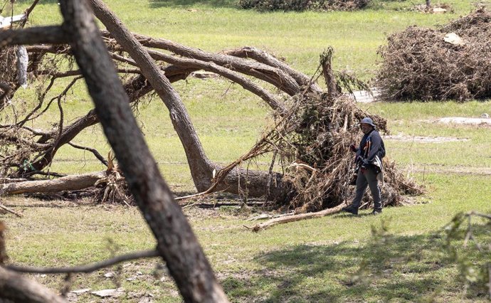 HOUSTON, 12 de julho de 2025 -- Uma pessoa patrulha entre árvores destruídas em Hunt, Texas, Estados Unidos, em 11 de julho de 2025.   O presidente dos Estados Unidos, Donald Trump, visitou a região central do Texas na sexta-feira, batendo palmas novament