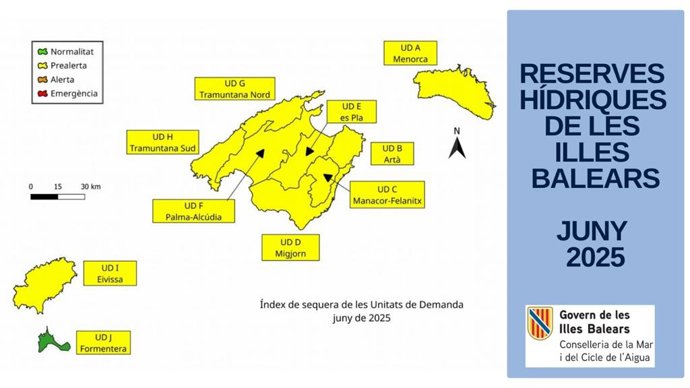 Mapa de las reservas hídricas de Baleares en junio de 2025