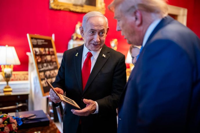 July 7, 2025, Washington, District of Columbia, USA: President Donald Trump and Israeli Prime Minister Benjamin Netanyahu speak in the Red Room before a dinner, Monday, July 7, 2025, at the White House.