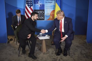 June 25, 2025, The Hague, Netherlands: U.S President Donald Trump, right, shakes hands with Ukrainian President Volodymyr Zelenskyy, left, during their bilateral meeting on the sidelines of the 2025 NATO summit, June 25, 2025 in The Hague, Netherlands.