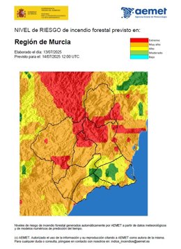 Mapa que muestra el nivel de riesgo de incendios forestales en la Región