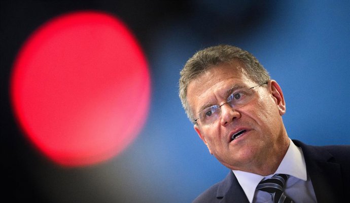FILED - 23 June 2025, Berlin: Maros Sefcovic, EU Trade Commissioner, speaks during a joint press conference with German Minister of Finance Klingbeil (not pictured) after their meeting at the German Ministry of Finance. Photo: Bernd von Jutrczenka/dpa