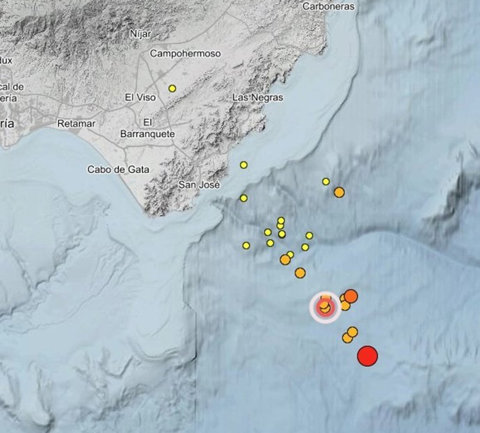 Réplicas del terremoto de magnitud 5,3 registrado frente a la costa de Almería a las 7,13 horas del 14 de julio de 2025