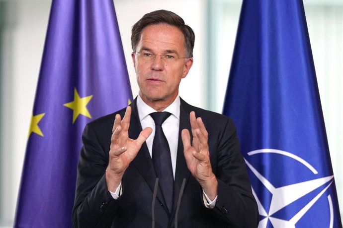 09 July 2025, Berlin: NATO Secretary General Mark Rutte speaks during a press conference with German Chancellor Friedrich Merz after their meeting at the Chancellery. Photo: Soeren Stache/dpa