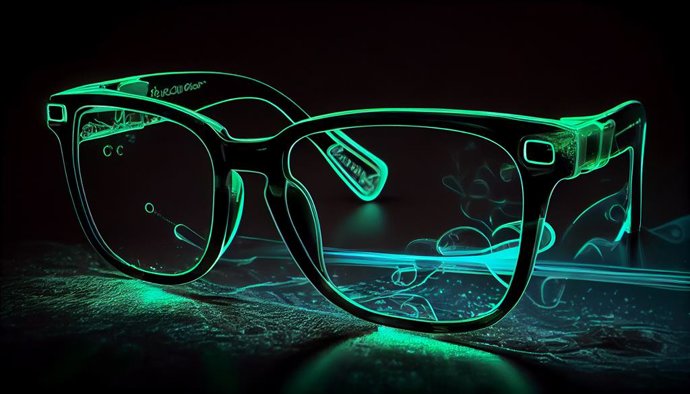 As lentes dos óculos refletem a moda em uma ilustração de tecnologia moderna gerada por inteligência artificial