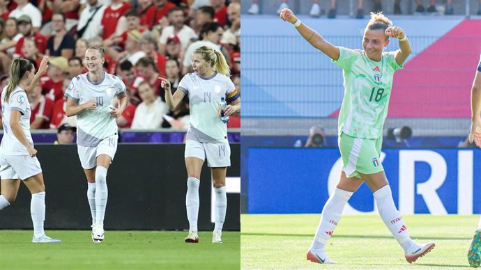 La capitana de Noruega Ada Hegerberg celebra con sus compañeras (izquierda), y la atacante italiana Arianna Caruso celebra un gol en la Eurocopa 2025.
