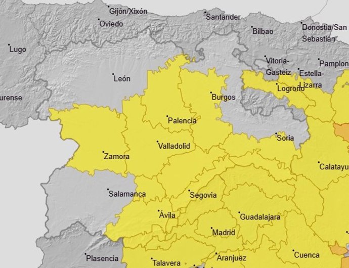 Imagen del mapa de avisos por altas temperaturas en Castillla y León para el día 16 de julio de 2025.