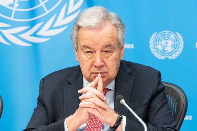 14 de julho de 2025, Nova York, Nova York, Estados Unidos: O Secretário-Geral Antonio Guterres participa de uma coletiva de imprensa sobre o lançamento do Relatório dos Objetivos de Desenvolvimento Sustentável 2025 na sede da ONU.