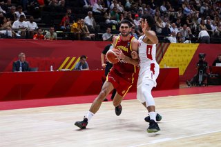 Archivo - Santiago Aldama of Spain in action during the FIBA Preolympic Tournament basketball match played between Spain and Lebanon at Fuente de San Luis pavilion on july 02, 2024, in Valencia, Spain.