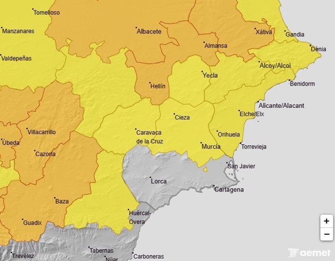Mapa de los avisos meteorológicos activos en la Región