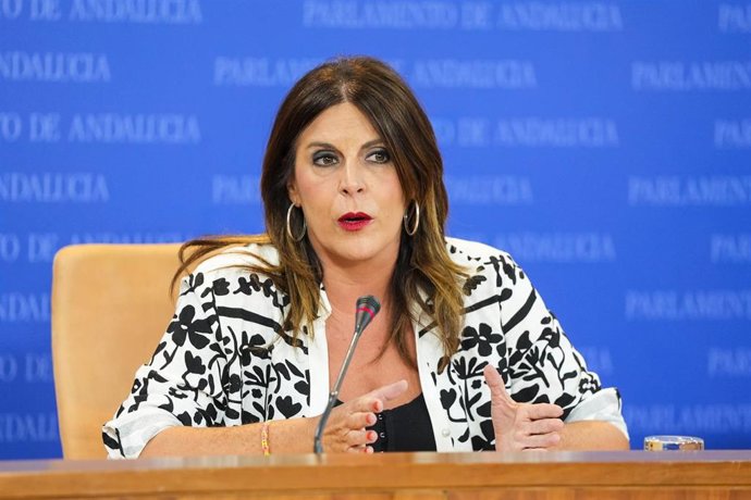 La portavoz adjunta del Grupo Parlamentario Socialista, Ángeles Férriz, durante la ronda de ruedas de prensa de portavoces de los grupos parlamentarios en el Parlamento de Andalucía, a 15 de julio de 2025 en Sevilla (Andalucía, España). Los portavoces de 