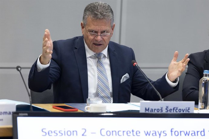O Comissário para Comércio e Segurança Econômica, Maros Sefcovic, discursa em uma conferência.