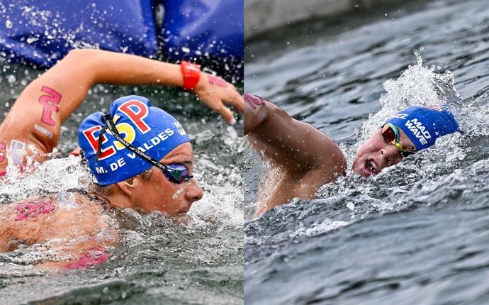 As nadadoras espanholas María de Valdés (à esquerda) e Ángela Martínez, quarta e quinta colocadas no Campeonato Mundial de Cingapura na prova de 10 km em águas abertas.