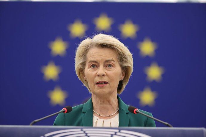 08 July 2025, France, Strassburg: The President of the European Commission, Ursula von der Leyen speaks in the plenary session of the European Parliament. Photo: Philipp von Ditfurth/dpa