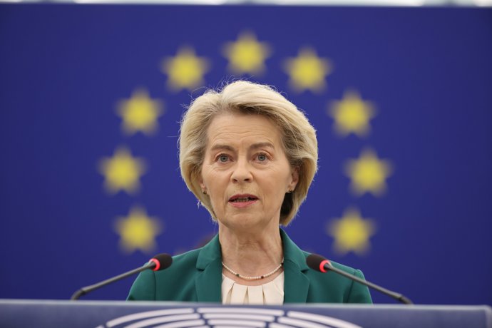 08 July 2025, France, Strassburg: The President of the European Commission, Ursula von der Leyen speaks in the plenary session of the European Parliament. Photo: Philipp von Ditfurth/dpa