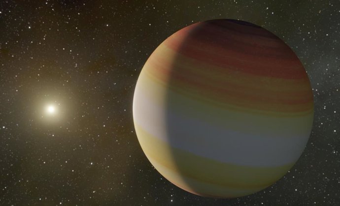 Archivo - Arquivo - Vista artística de um super-Júpiter frio no sistema HD 118203. É um planeta gasoso extremamente maciço que orbita sua estrela em uma órbita seis vezes maior que a da Terra. Os astrônomos acreditam que ele tenha temperaturas muito baixa