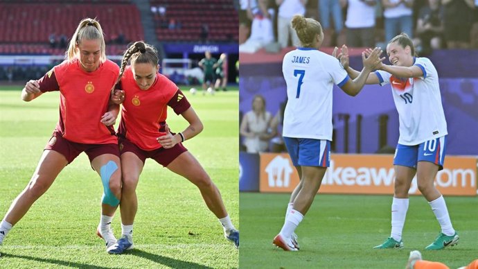 Futbolistas de la selección sueca (izquierda) y la selección inglesa (derecha), en la Eurocopa 2025.