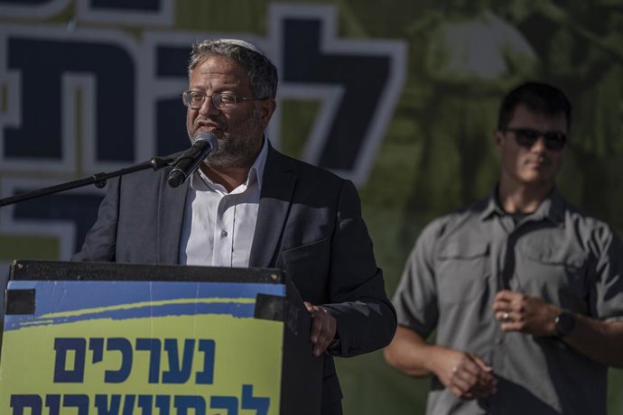Archivo - 21 October 2024, Israel, Be'eri: Israeli National Security Minister and far-right politician Itamar Ben-Gvir, delivers a speech during a Sukkoth gathering near the Gaza Strip, where far-right activists and members of the Israeli Knesset are hold