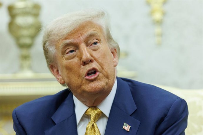 July 16, 2025, Washington, District Of Columbia, USA: United States President Donald J Trump gives remarks at he meets Prime Minister Crown Prince Salman bin Hamad Al-Khalifa of the Kingdom of Bahrain in the Oval Office of the White House in Washington, D