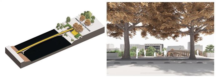 Archivo - Recreación del diseño realizado por el arquitecto internacional Kengo Kuma y su equipo, en colaboración con la firma de ingeniería española Fhecor, para la pasarela peatonal de Altadis, en Sevilla.