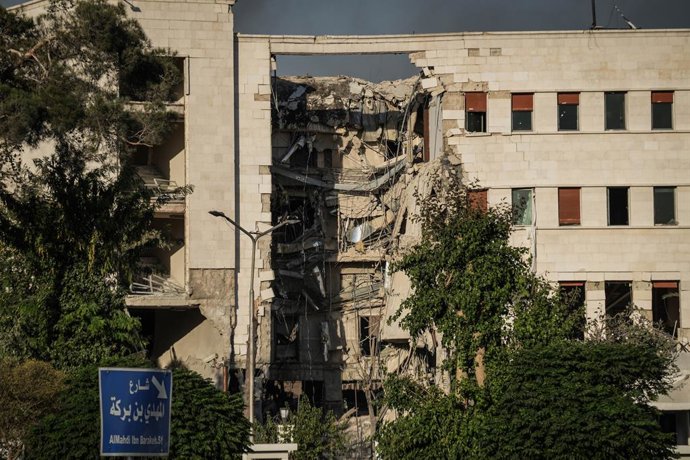 16 July 2025, Syria, Damascus: A view of the heavily damaged building of the Syrian General Staff Headquarters, after it was hit by Israeli airstrikes on Damascus. Photo: Moawia Atrash/dpa