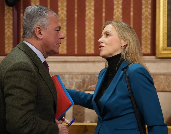 Archivo - El alcalde de Sevilla, José Luis Sanz (i), y la portavoz municipal de Vox, Cristiana Peláez (d), tras el pleno extraordinario para la aprobación del presupuesto de la ciudad. A 15 de enero de 2025, en Sevilla (Andalucía, España).  El Pleno extra