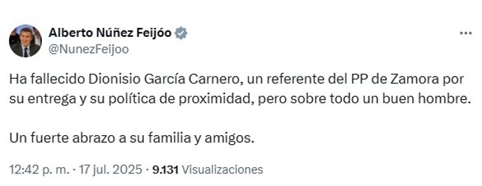 Captura del mensaje escrito por Feijóo en su cuenta de X por la muerte de García Carnero.