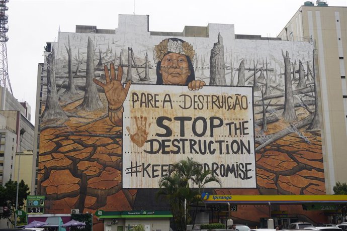 Archivo - Arquivo - 28 de outubro de 2024, São Paulo, São Paulo, Brasil: Vista de um enorme mural de rua criado pelo artista brasileiro Mundano e feito com cinzas de incêndios florestais e lama de enchentes para destacar eventos climáticos extremos que es