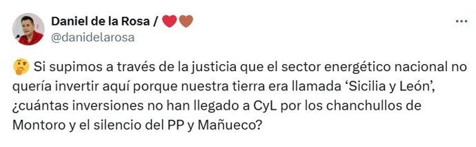 Mensaje del secretario de Organización del PSOE de Castilla y León, Daniel de la Rosa, en su perfil de la red social 'X'.