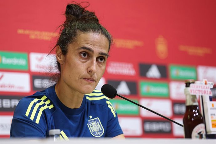 Montserrat Tome Vazquez, head coach of Spain, attends her press conference during the training session prior to the Spain Women Team’s friendly match against Japan on June 26, 2025, in Las Rozas, Madrid, Spain.