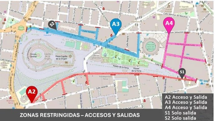 Mapa de pases de acceso de residentes y comercios en la zona de tráfico restringido, de cara a la Feria 2025.