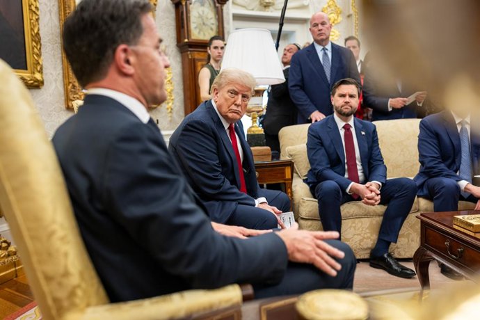 July 14, 2025, Washington, District of Columbia, USA: President Donald Trump meets with NATO Secretary Mark Rutte, Monday, July 14, 2025, in the Oval Office.