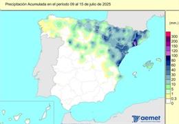 Precipitación acumulada en el período 09 al 15 de julio de 2025