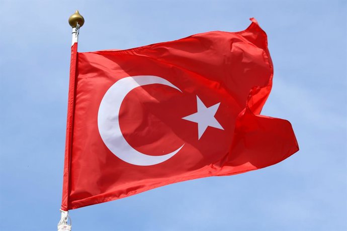 June 20, 2025, Saint Petersburg, Russia: The national flag of the The Republic of Turkey, fluttering in the wind on a flagpole in Saint Petersburg, Russia.