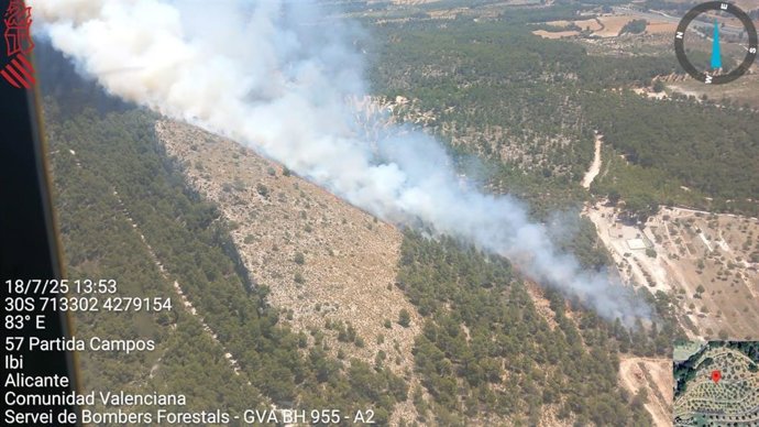 Imatge de l'incendi forestal declarat aquest divendres a Ibi 